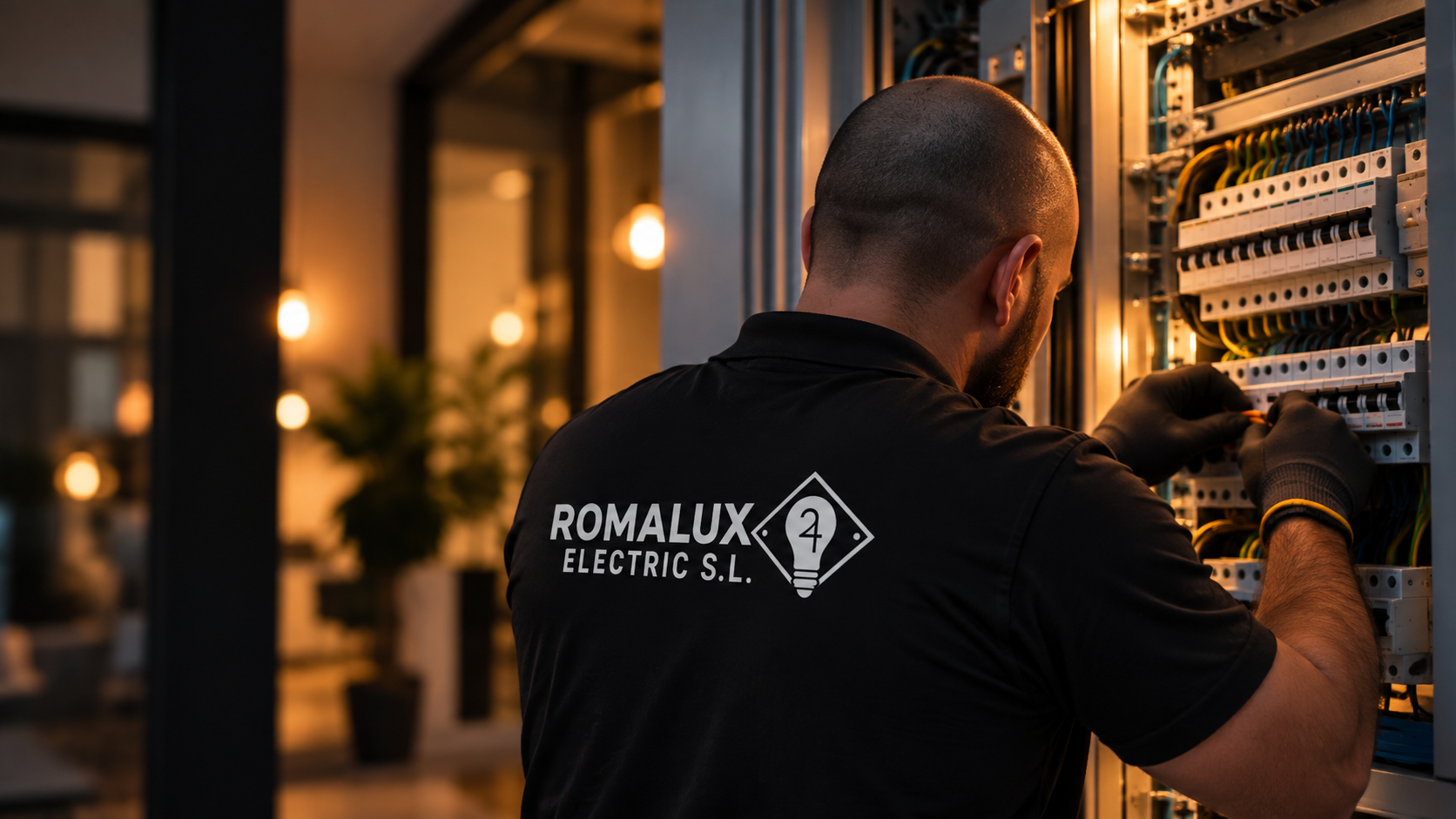 Técnico de Romalux trabajando en un cuadro eléctrico