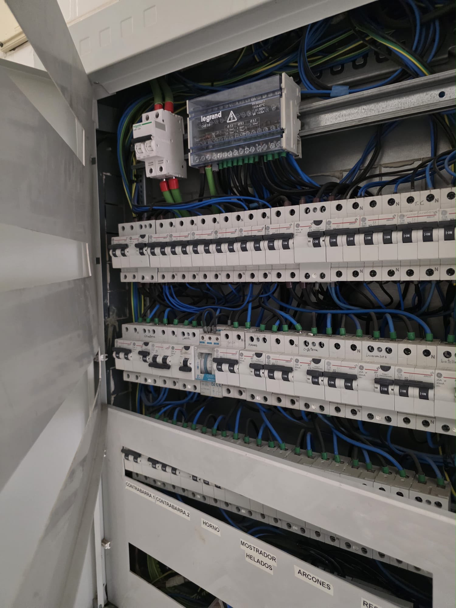 Cuadro eléctrico de local comercial con los circuitos identificados por zonas