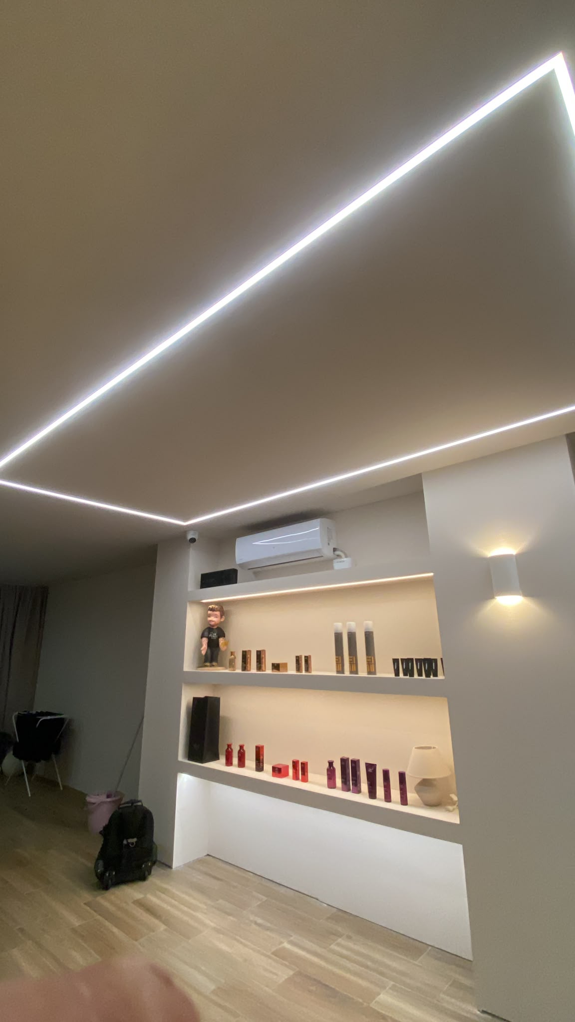 Iluminación lineal en el techo y estanterías iluminadas de un local comercial